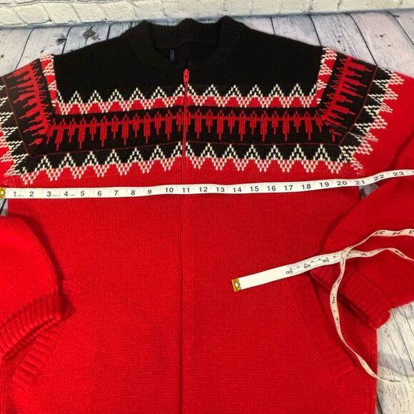 VINTAGE Puritan Red Black White Full Zip 80s Preppy Aztec Retro Ski Wool Blend M - Picture 4 of 6